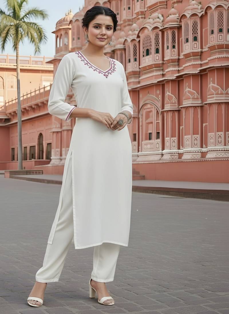 White embroidered rayon kurta set