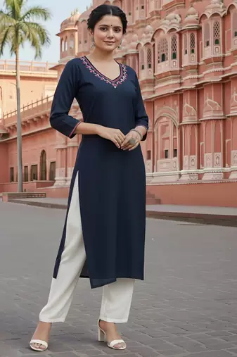 Navy embroidered rayon kurta set
