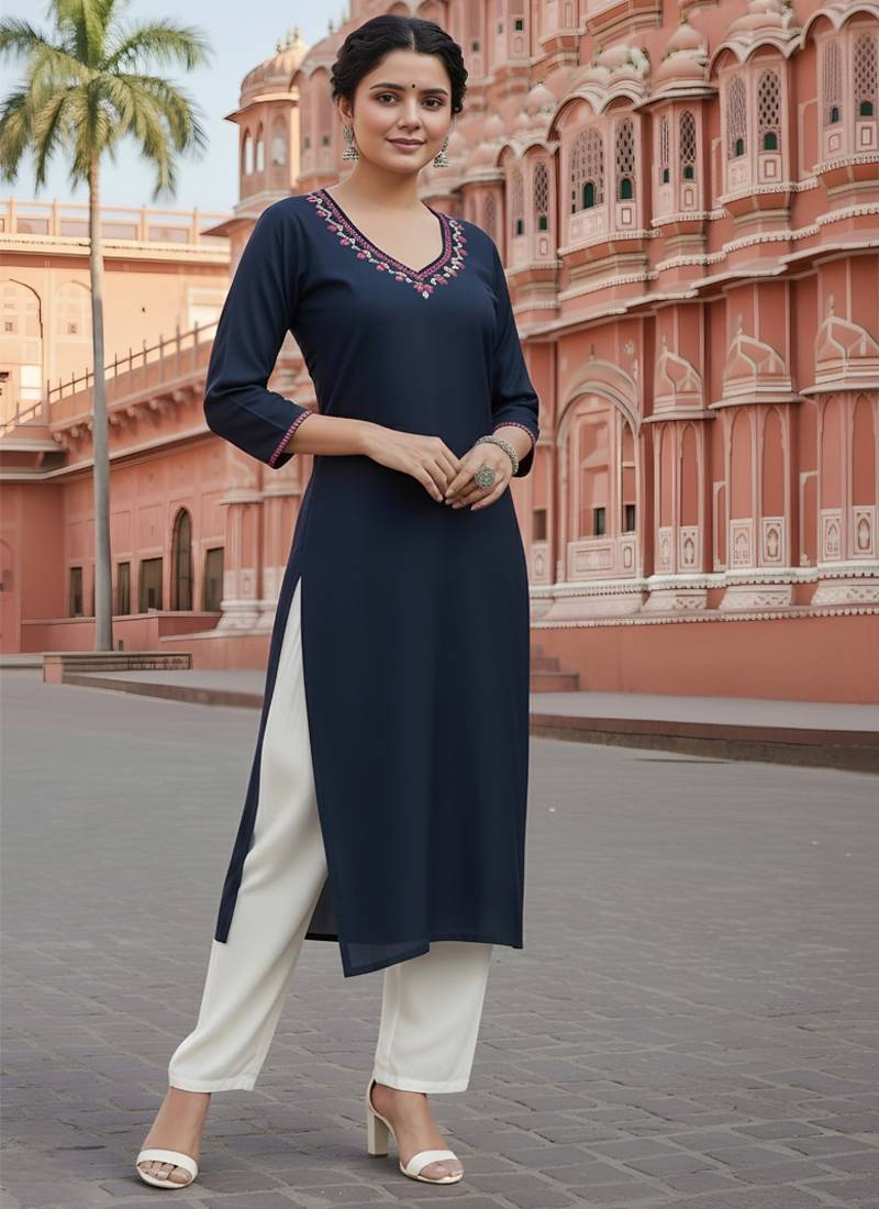 Navy embroidered rayon kurta set