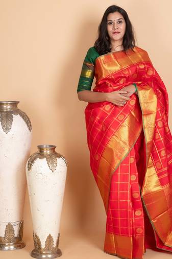 Vermillion red pure kanjivaram silk saree