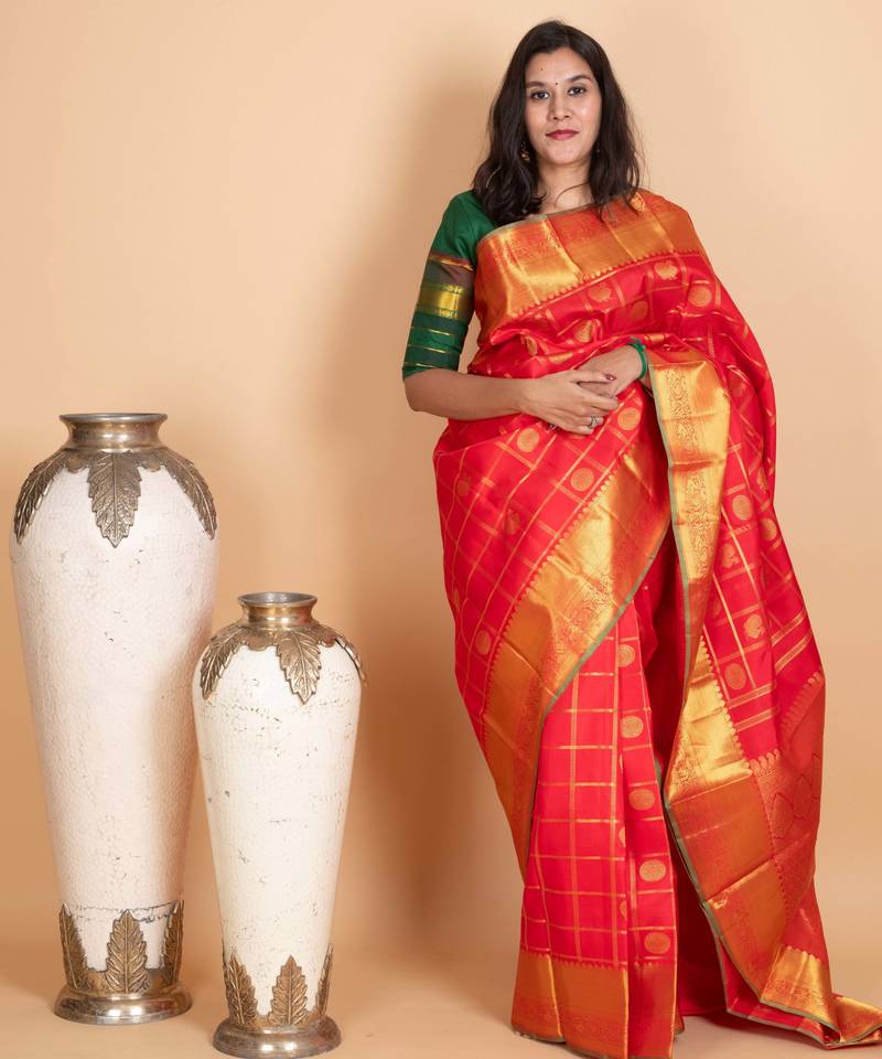 Vermillion red pure kanjivaram silk saree