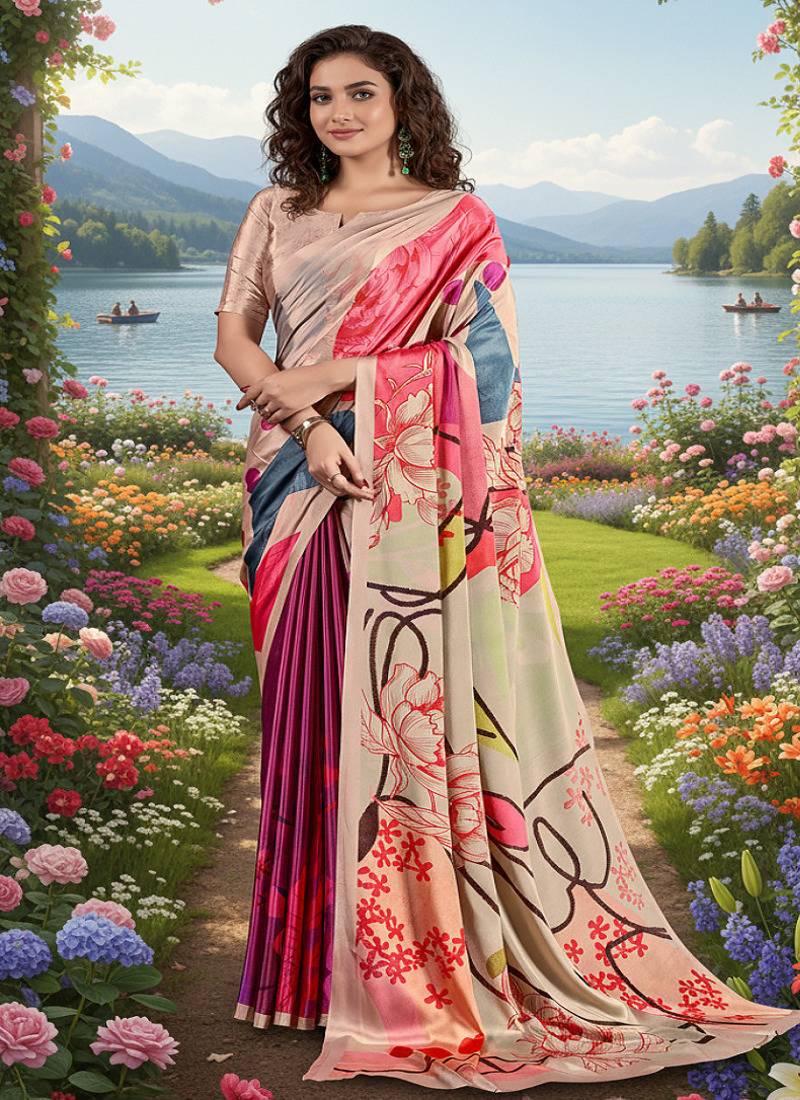 multicolor premium printed saree with blouse
