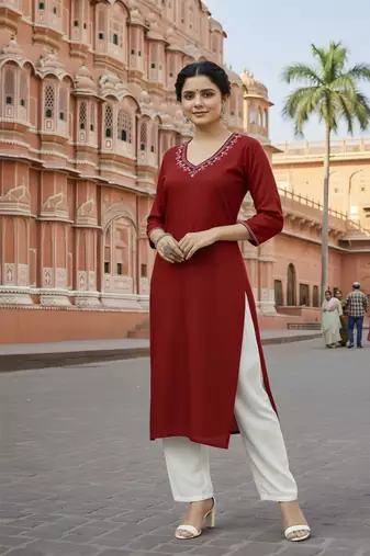 Red embroidered rayon kurta set