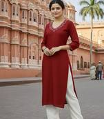 Red embroidered rayon kurta set