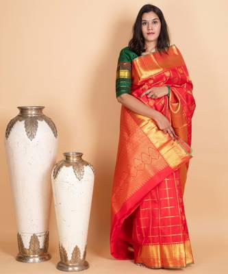 Vermillion red pure kanjivaram silk saree 3