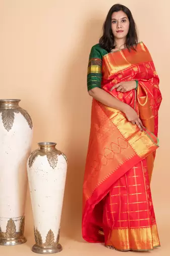 Vermillion red pure kanjivaram silk saree