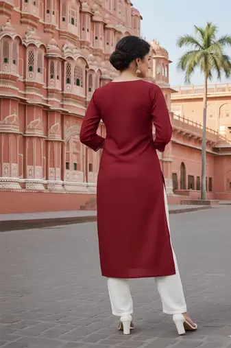 Red embroidered rayon kurta set