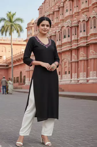 Black embroidered rayon kurta set