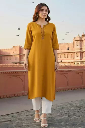 Yellow  embroidered rayon kurta set