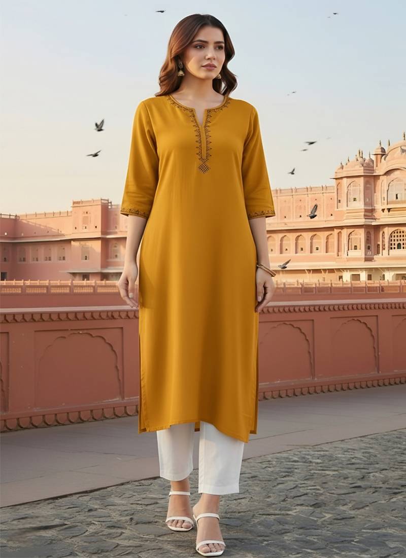 Yellow  embroidered rayon kurta set