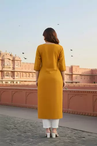 Yellow  embroidered rayon kurta set