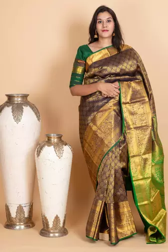 Navy blue and forest green pure kanjivaram silk saree