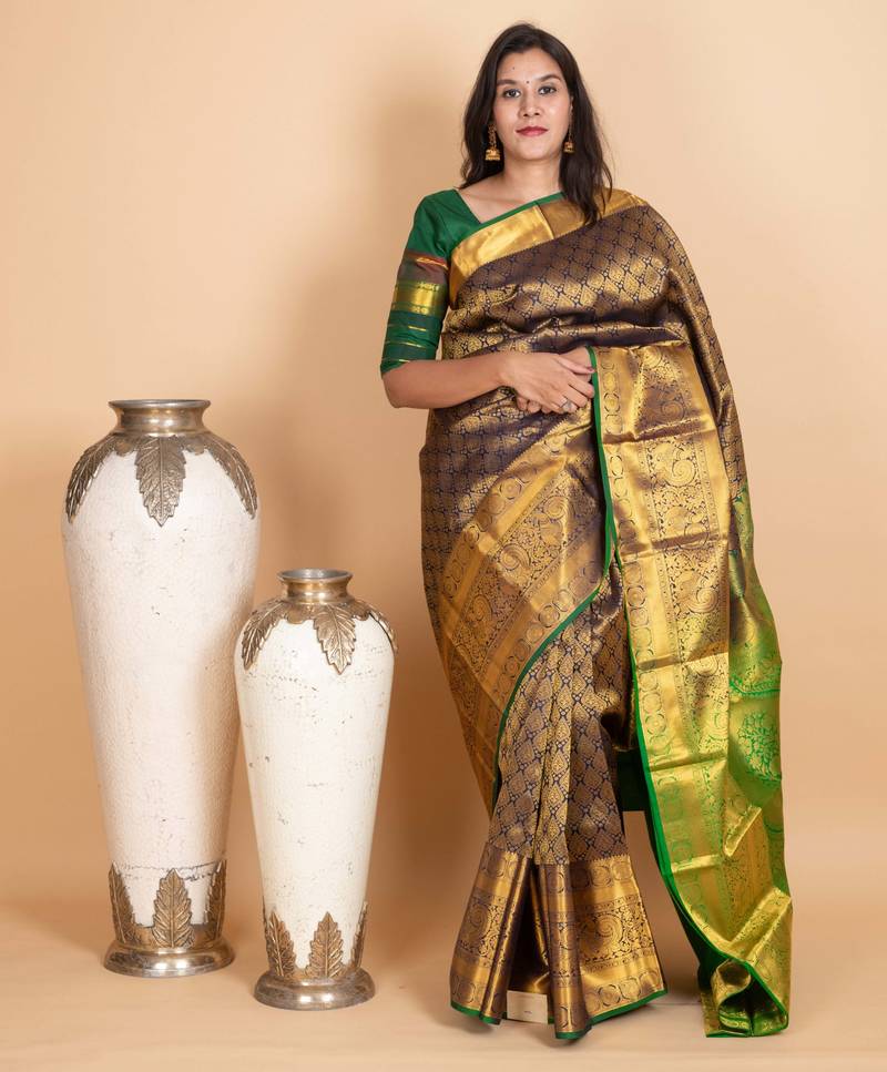 Navy blue and forest green pure kanjivaram silk saree
