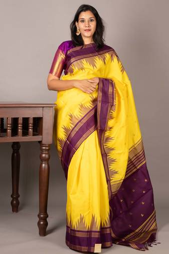 Bright yellow and purple pure  kanjivaram silk saree