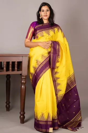 Bright yellow and purple pure  kanjivaram silk saree