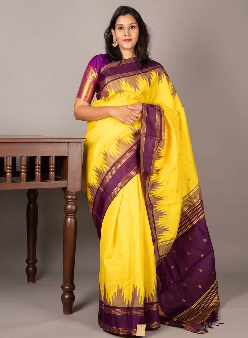 Bright yellow and purple pure  kanjivaram silk saree