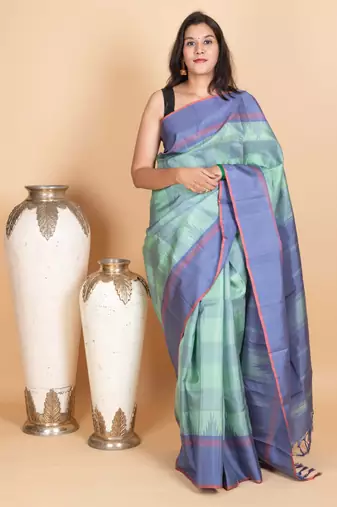 Mint green and steel blue kanjivaram pattu saree