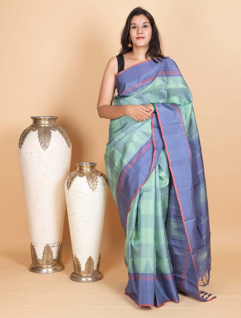 Mint green and steel blue kanjivaram pattu saree