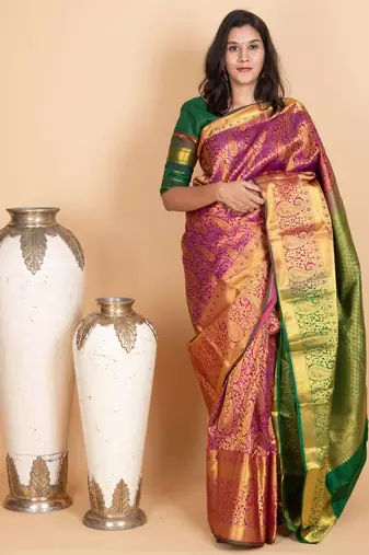 Magenta and forest green pure kanjivaram silk saree