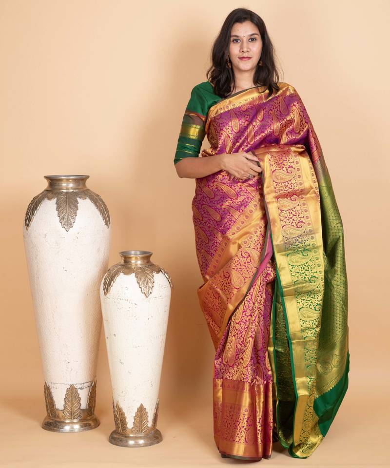 Magenta and forest green pure kanjivaram silk saree