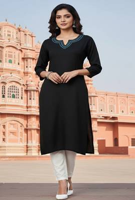 Black embroidered rayon kurta set 3