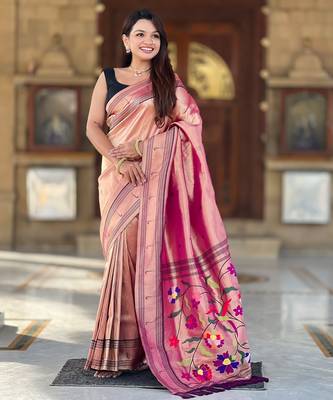 rani pink tissue paithani silk saree with zari weave 1