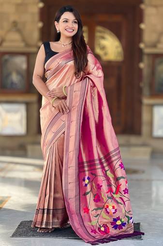 rani pink tissue paithani silk saree with zari weave
