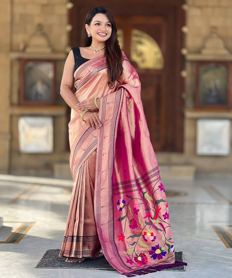 rani pink tissue paithani silk saree with zari weave