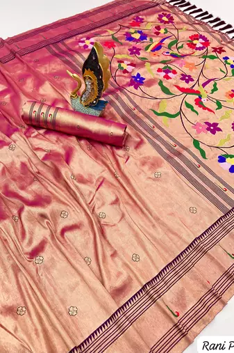 rani pink tissue paithani silk saree with zari weave