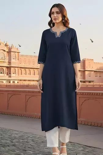 Navy embroidered rayon kurta set