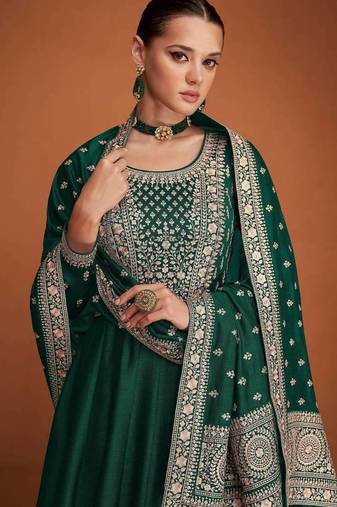 Green Embroidered Premium Silk Anarkali Suit