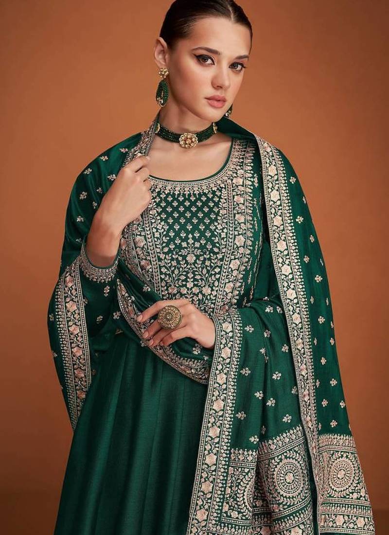 Green Embroidered Premium Silk Anarkali Suit