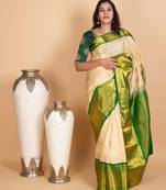 Parchment white and emerald green pure kanjivaram silk saree