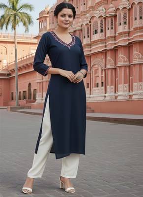 Navy embroidered rayon kurta set 3
