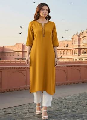Yellow  embroidered rayon kurta set 3