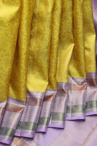 Yellow and lavender pure zari silk saree