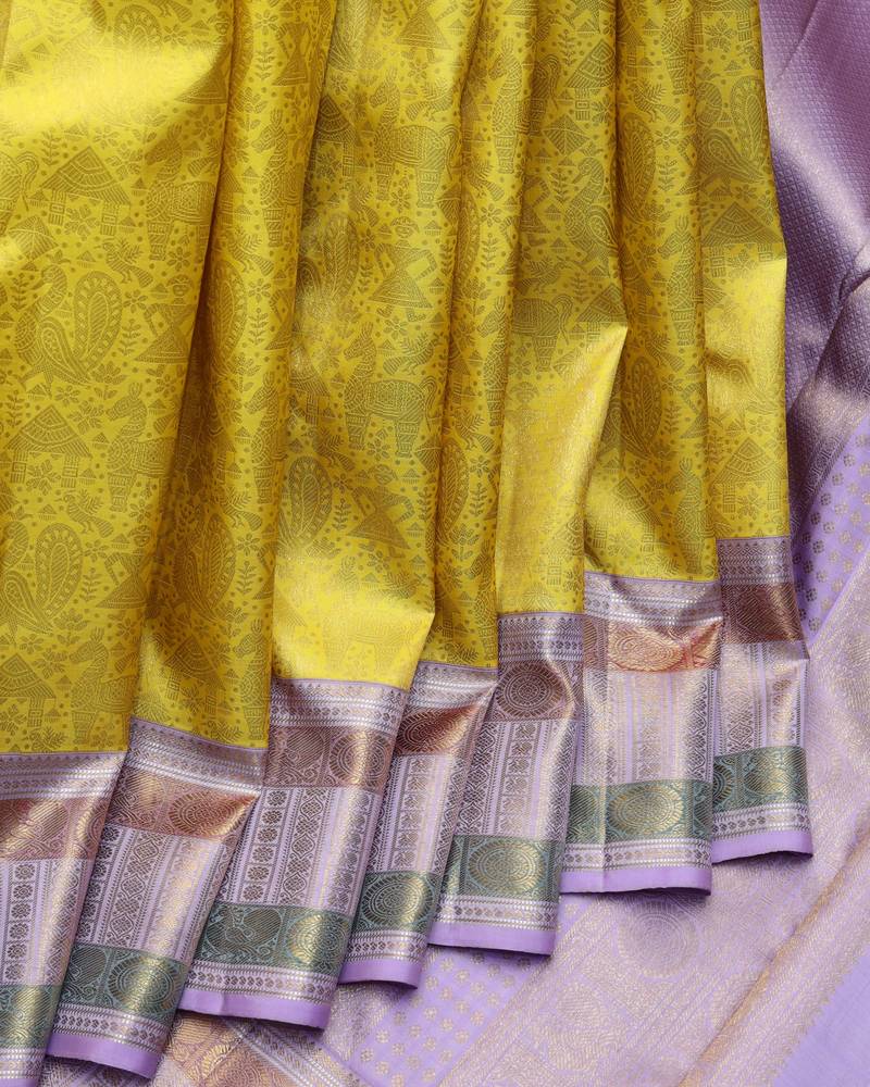 Yellow and lavender pure zari silk saree