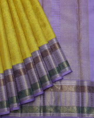 Yellow and lavender pure zari silk saree 2