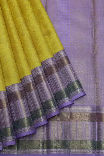 Yellow and lavender pure zari silk saree
