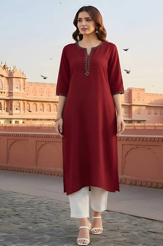 Red  embroidered rayon kurta set