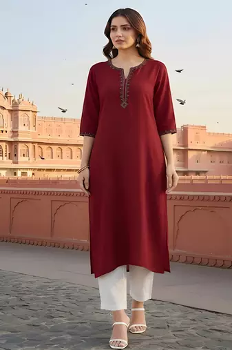 Red  embroidered rayon kurta set