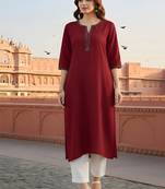 Red  embroidered rayon kurta set