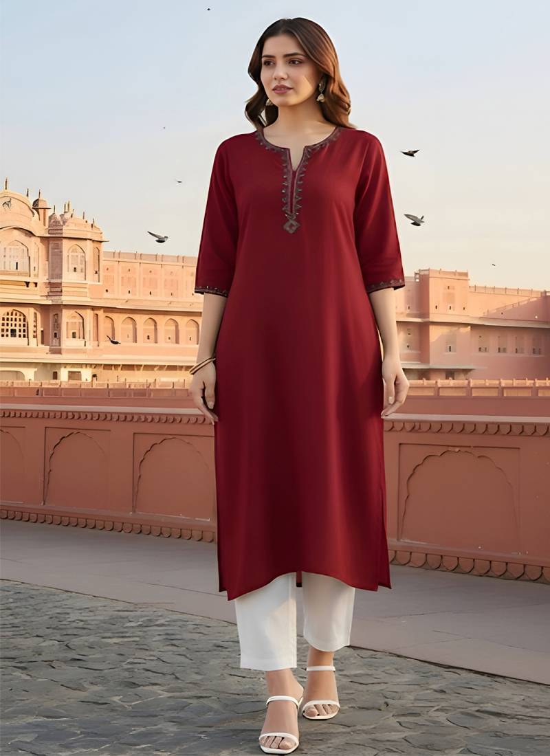 Red  embroidered rayon kurta set