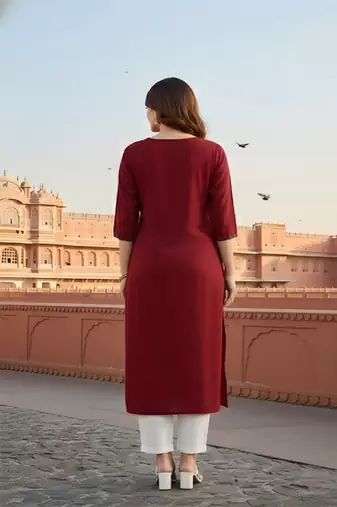 Red  embroidered rayon kurta set