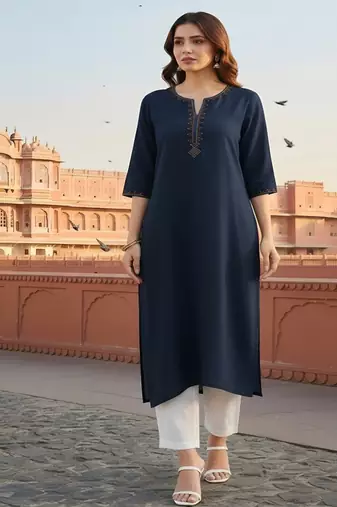 Navy embroidered rayon kurta set