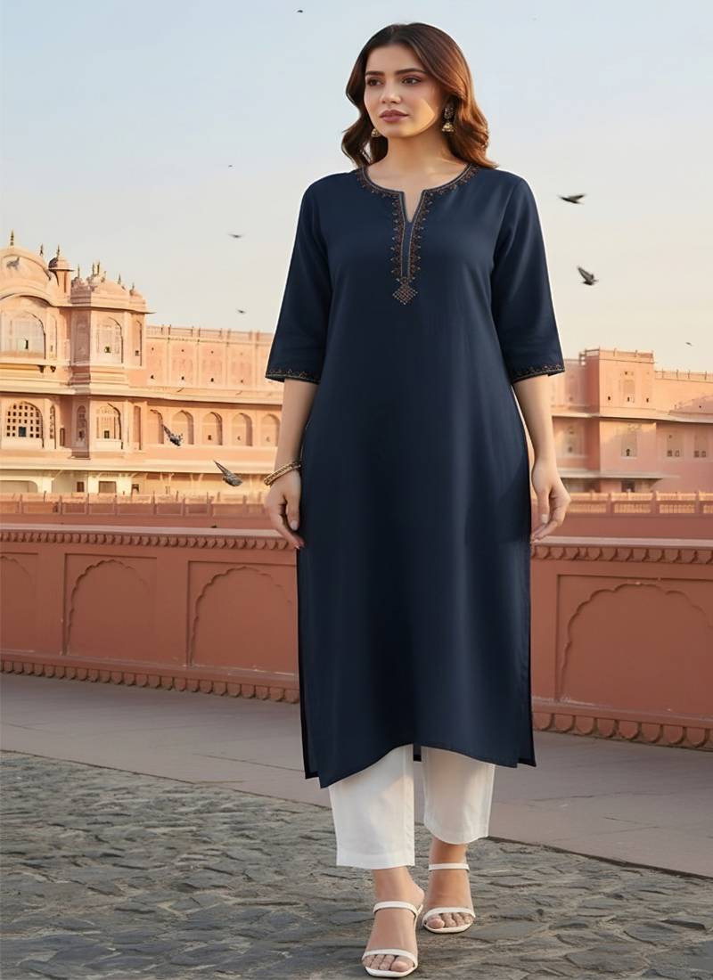 Navy embroidered rayon kurta set