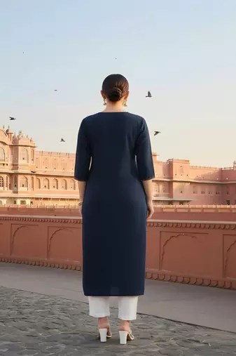 Navy embroidered rayon kurta set