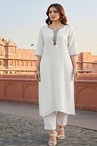 White  embroidered rayon kurta set