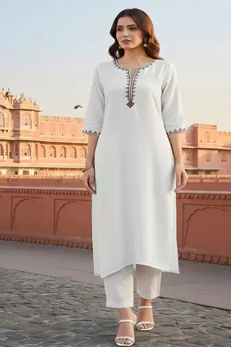 White  embroidered rayon kurta set