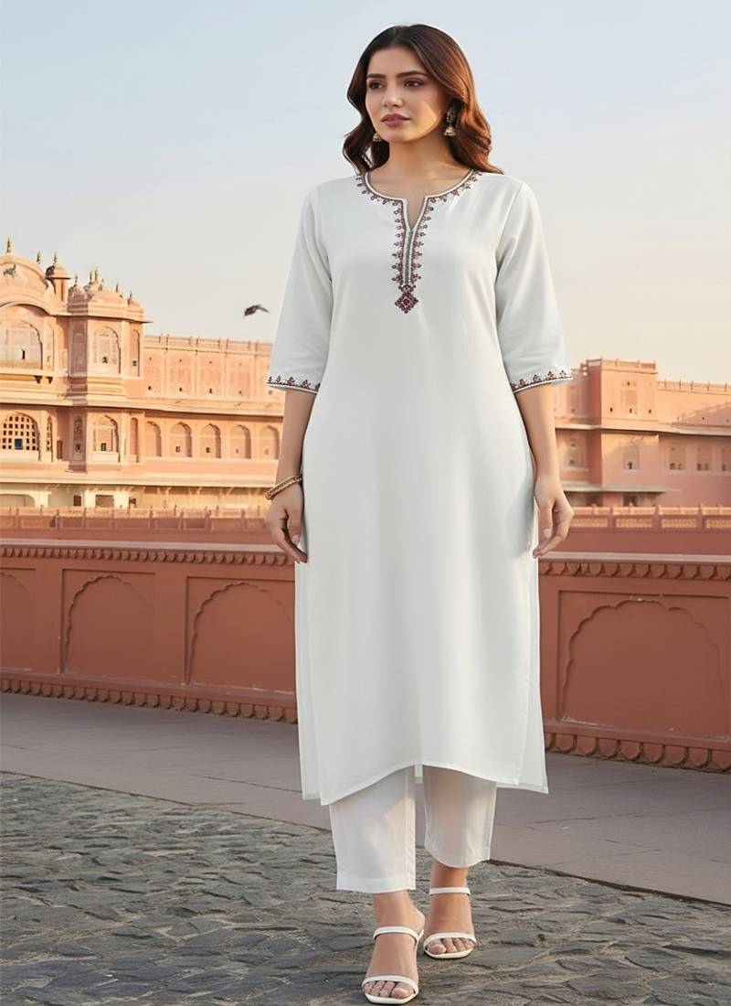 White  embroidered rayon kurta set